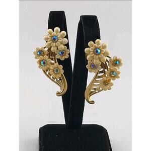Vintage Gold Tone Filigree Floral Clip On Earrings with Rhinestones 2" x 1.25"